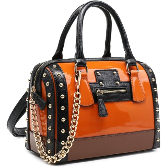Women Orange Barrel Shiny Patent Faux Leather Handbag with Rivet Decoration - Picture 1 of 6